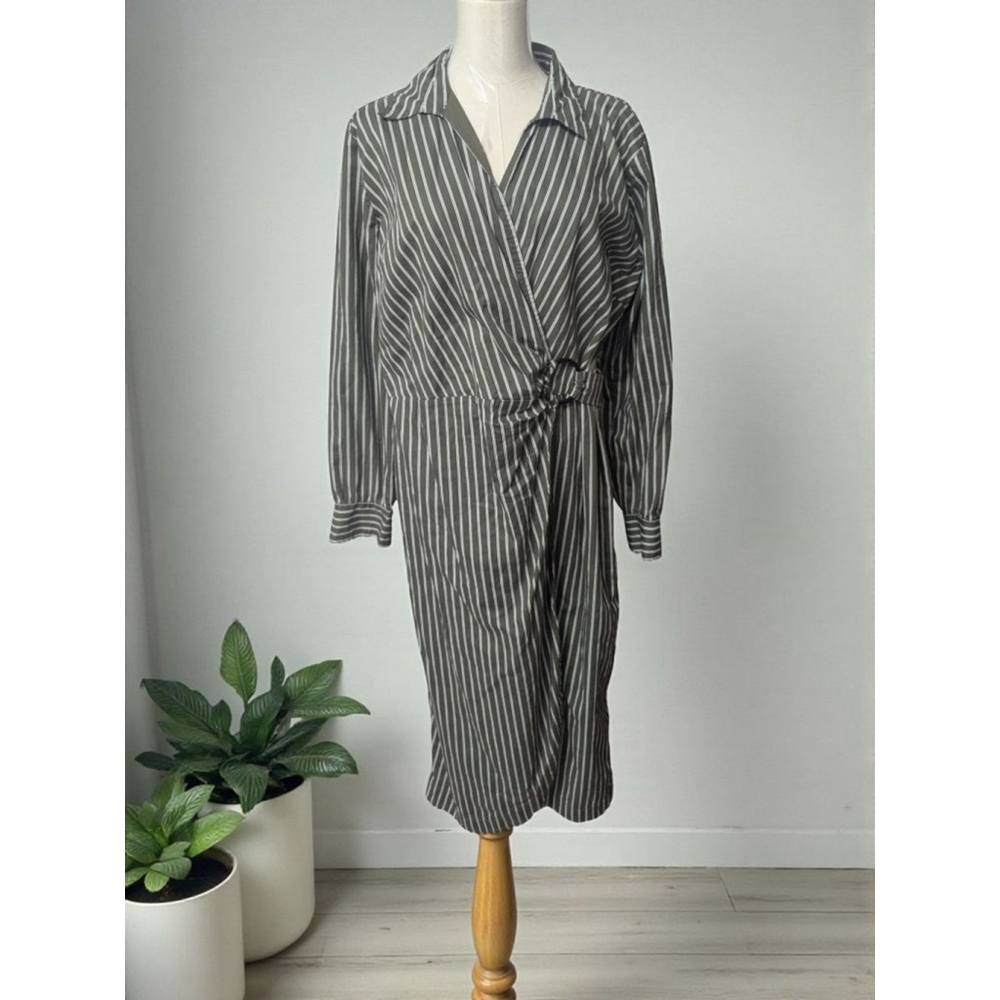 LOFT  Petite Olive Green White Stripe Faux Wrap Midi Long Sleeve Dress 14 - Picture 2 of 5
